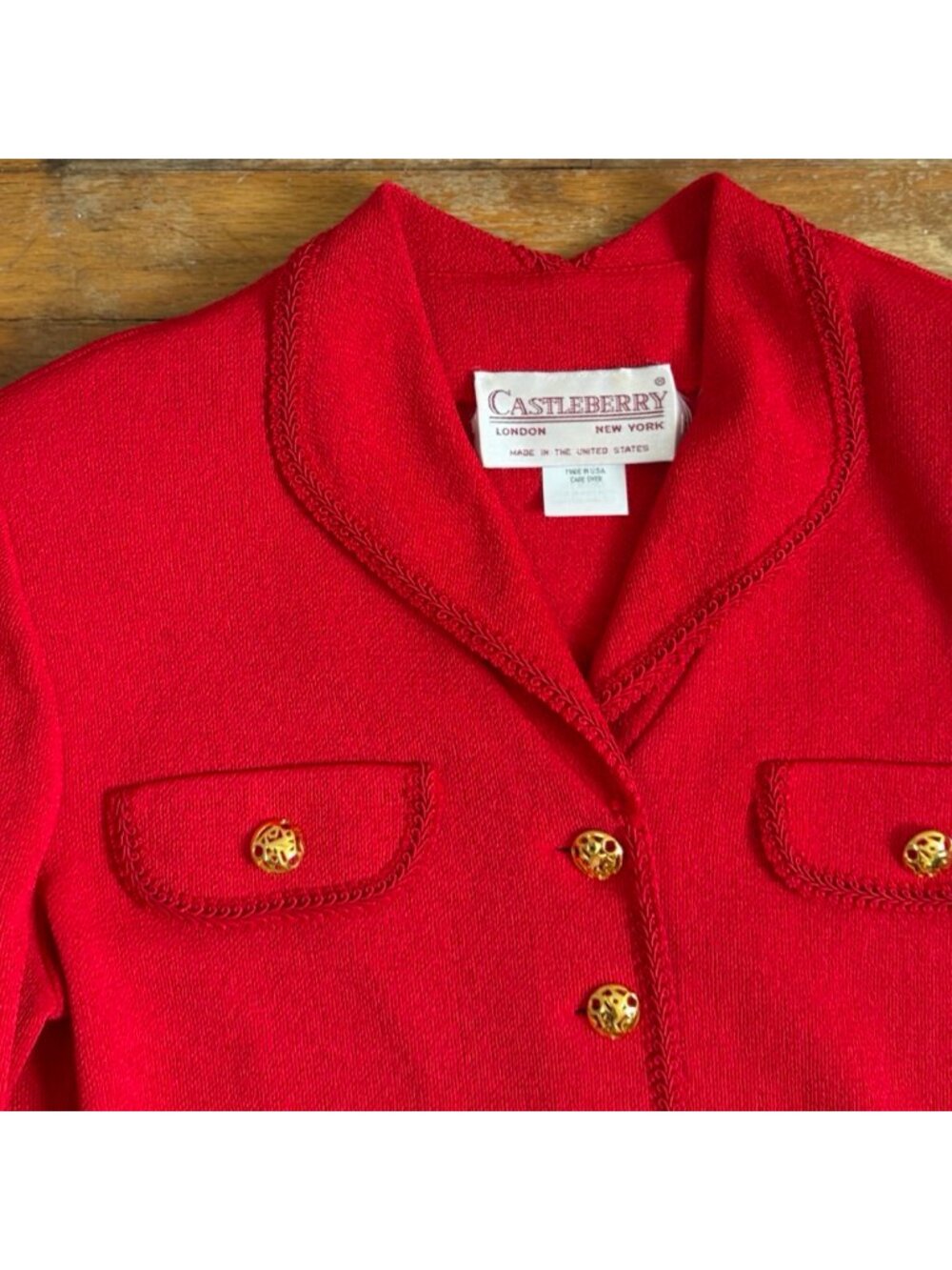 Vintage Red Knit Blazer Jacket Size Large Castleberry Gold Button Sweater Blazer - Picture 6 of 6